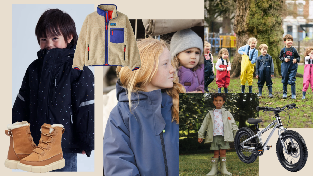 Children playing outside happily in various weather conditions including rain and snow.
