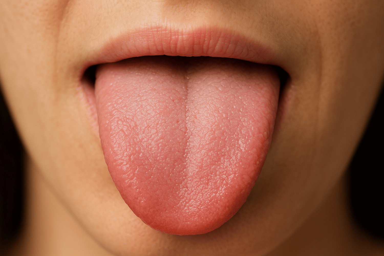 Close-up of a healthy pink tongue with visible papillae