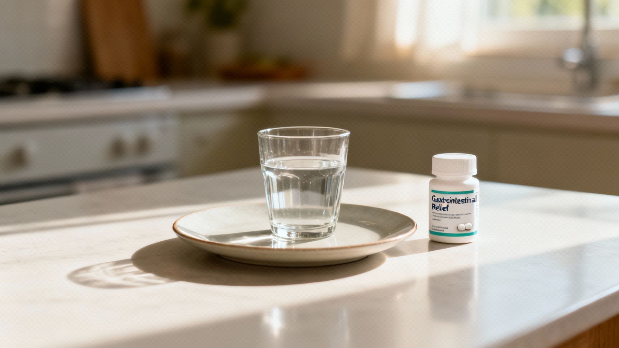A bottle of stomach relief medication and a glass of water on a table.