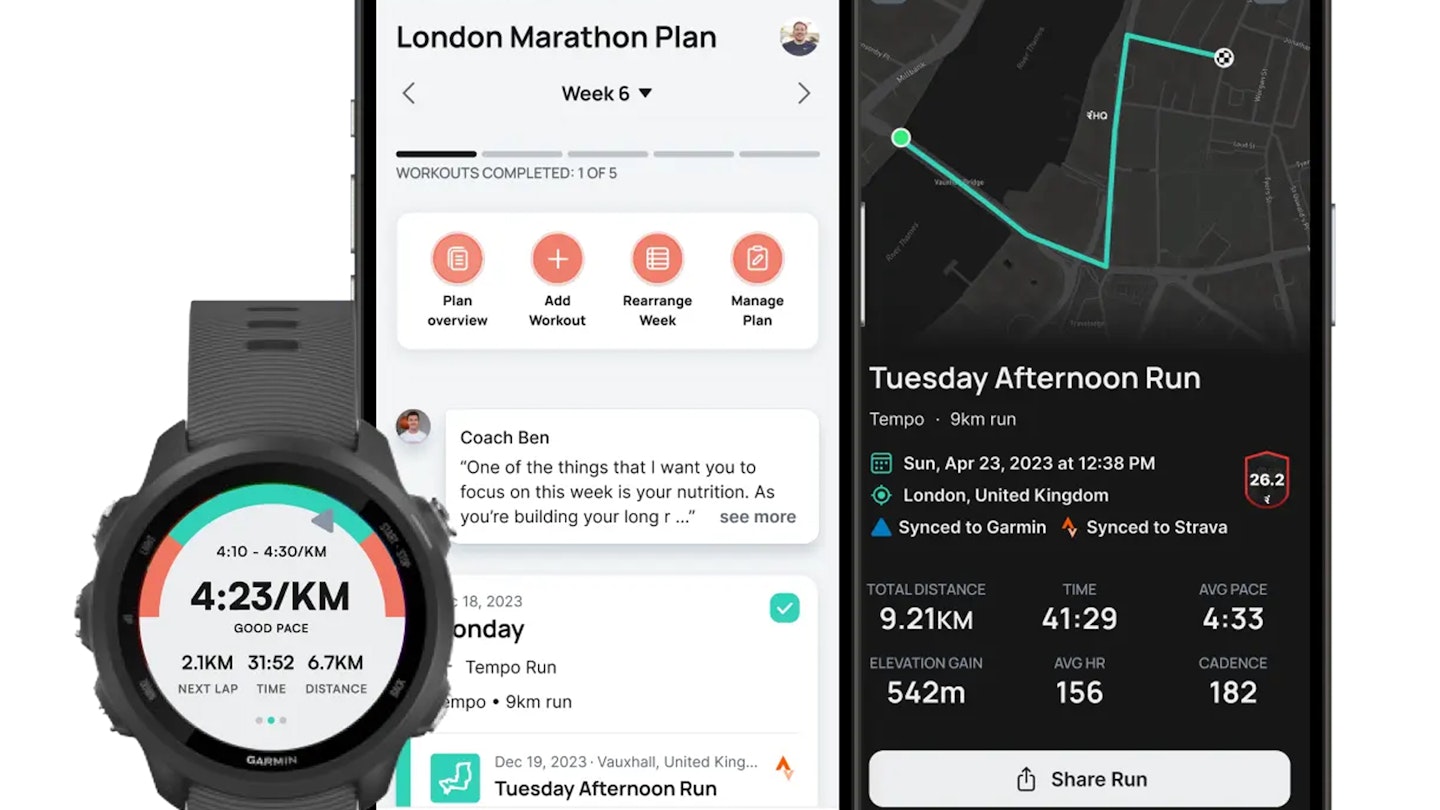 Interface of the Runna app displaying a weekly marathon training schedule.