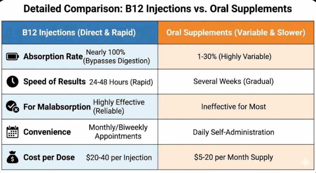 A comparison chart showing oral B12 supplements and injection methods for treating deficiency.