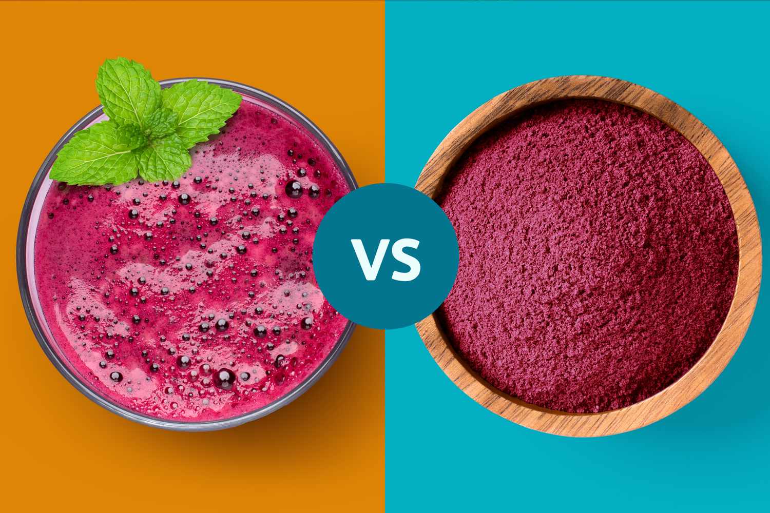 A beet smoothie in a glass next to a wooden bowl containing beetroot powder.
