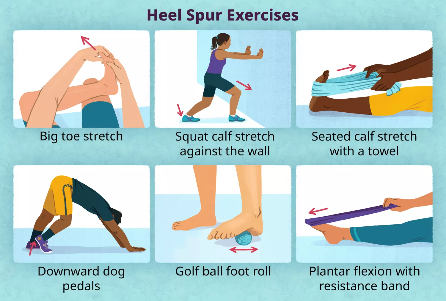 A medical illustration showing a variety of foot and calf exercises for heel spur and plantar fascia treatment.