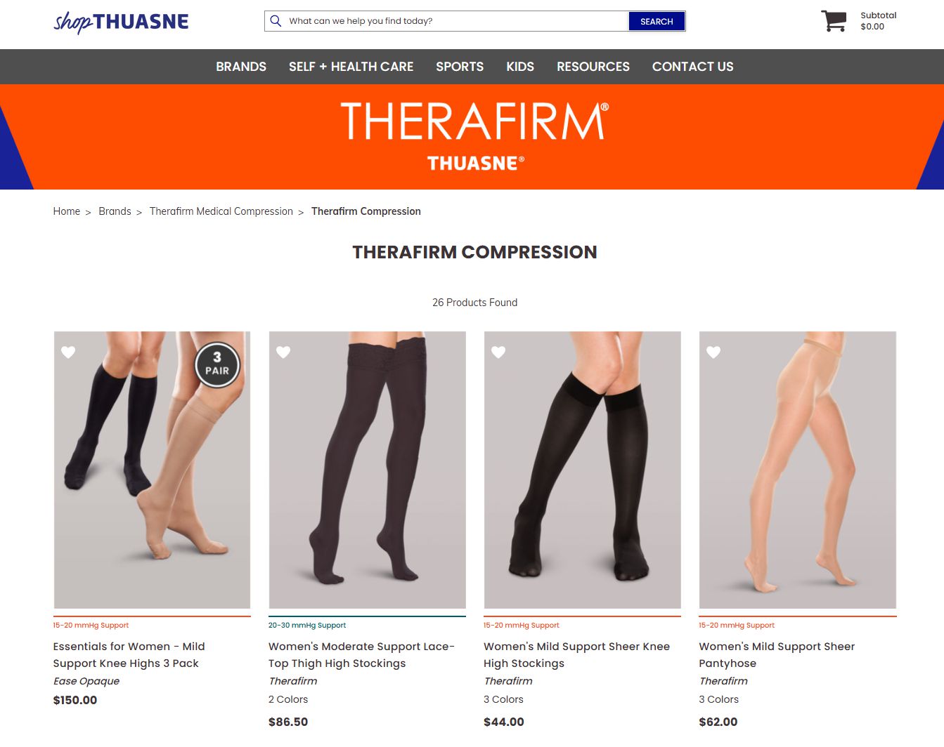 Display of various Therafirm compression stocking styles on mannequin legs.