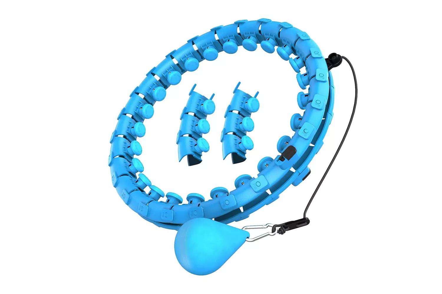 A blue adjustable smart fitness hoop with modular segments and a gravity ball attachment on a white background.