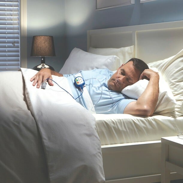 A person using a home sleep apnea test device with sensors.