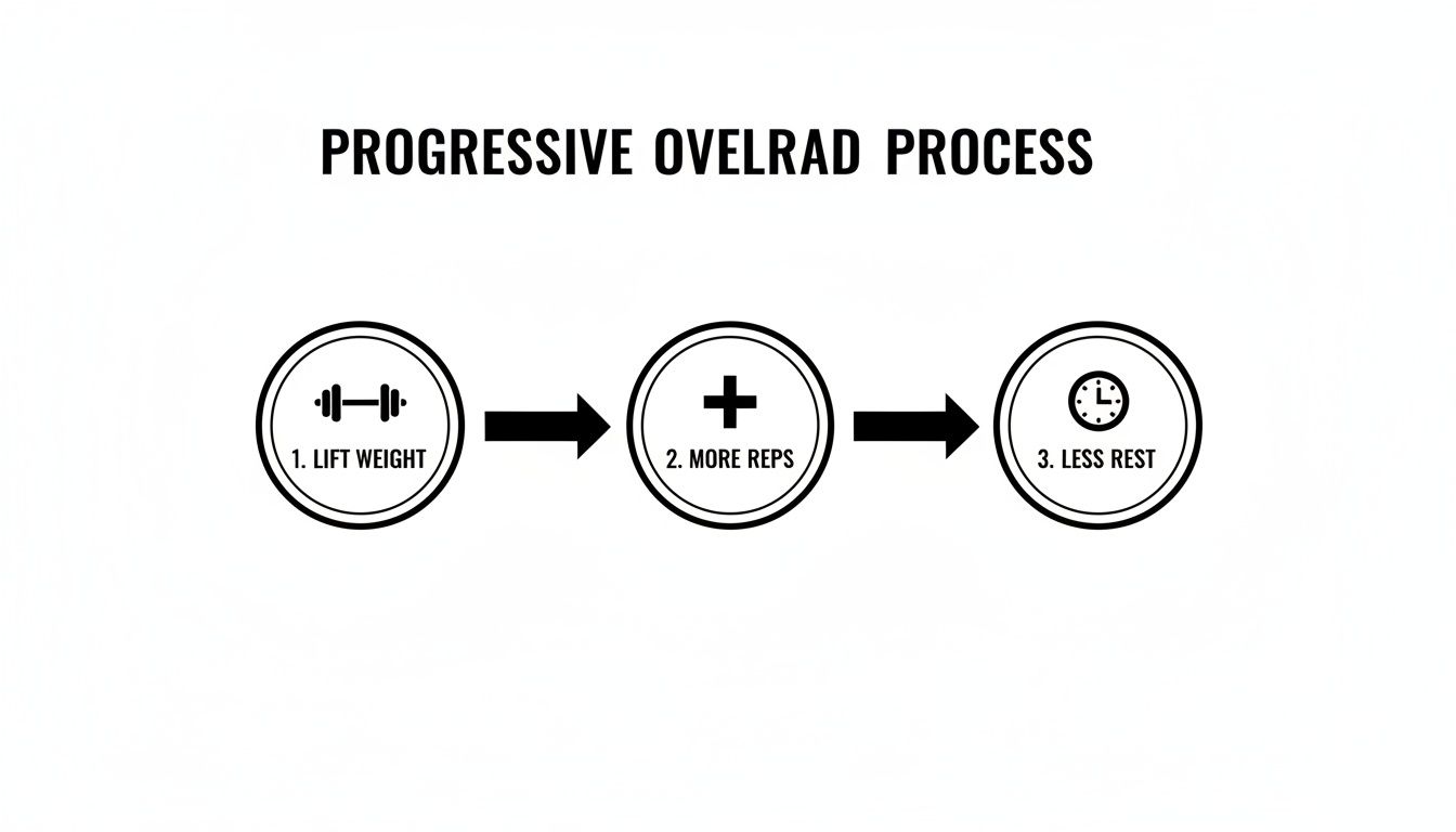 An educational diagram illustrating the cycle of a progressive overload training program.