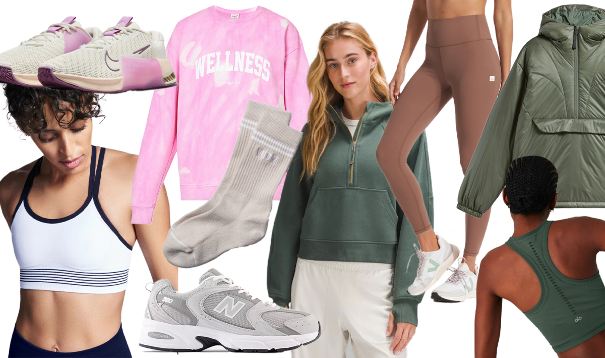 A collection of modern running activewear and gear laid out for selection.