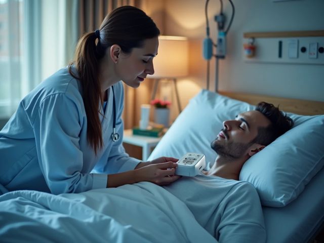 A healthcare professional using a portable sleep monitoring device on a patient.