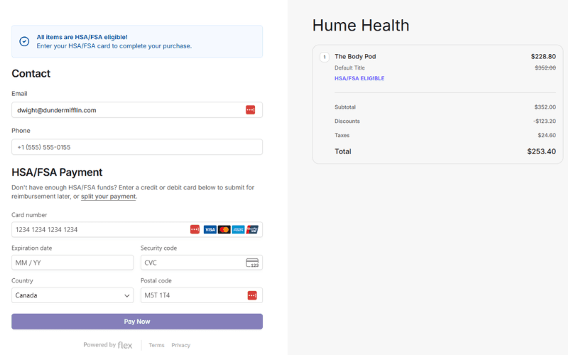 A digital checkout screen where a user is entering health spending card information.