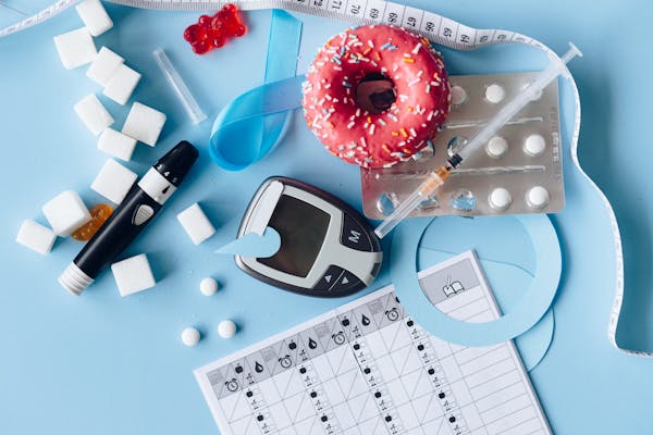A conceptual display of various wellness technology icons including sleep, heart rate, and glucose levels.