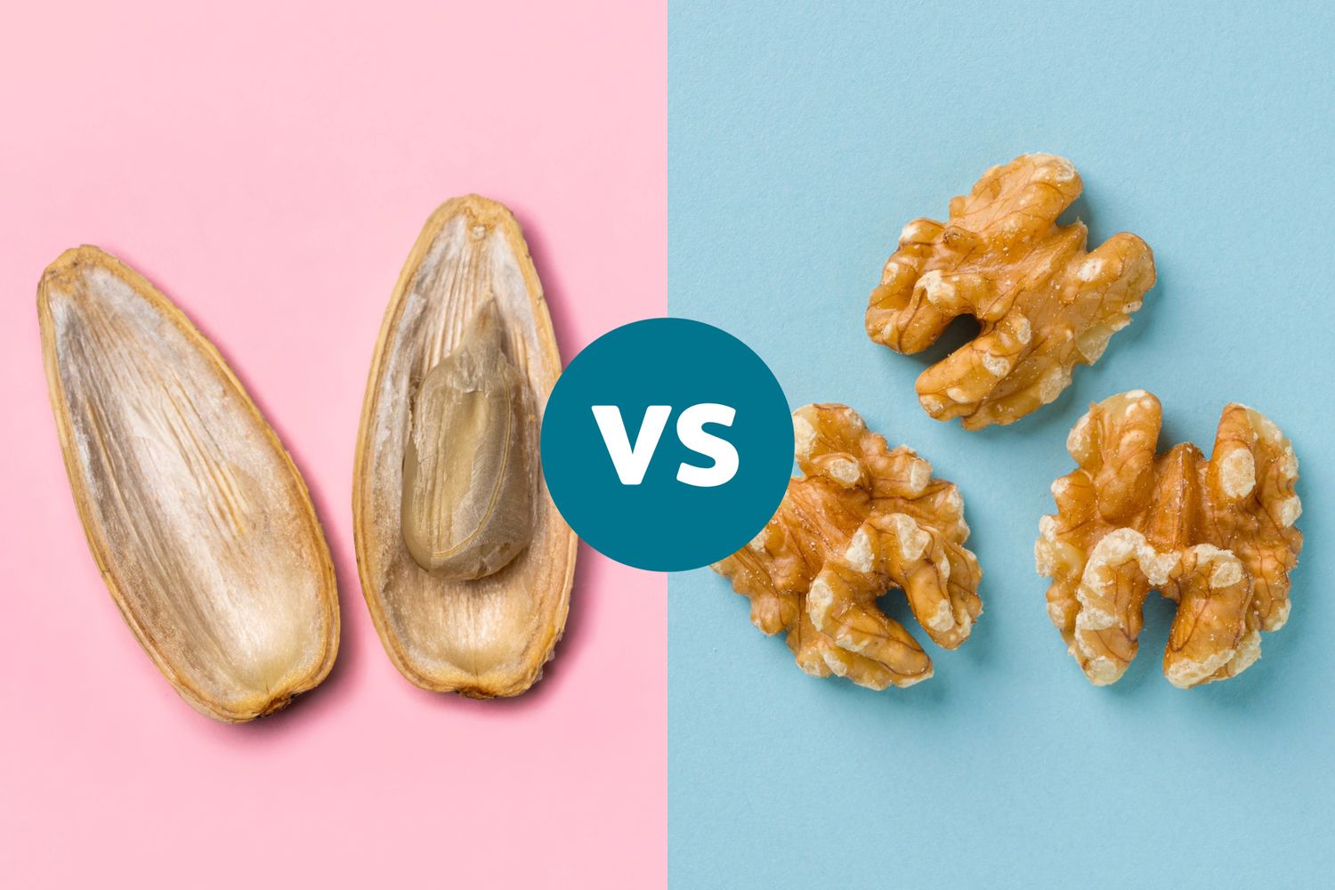 A side-by-side comparison of a handful of sunflower seeds and several walnut halves.