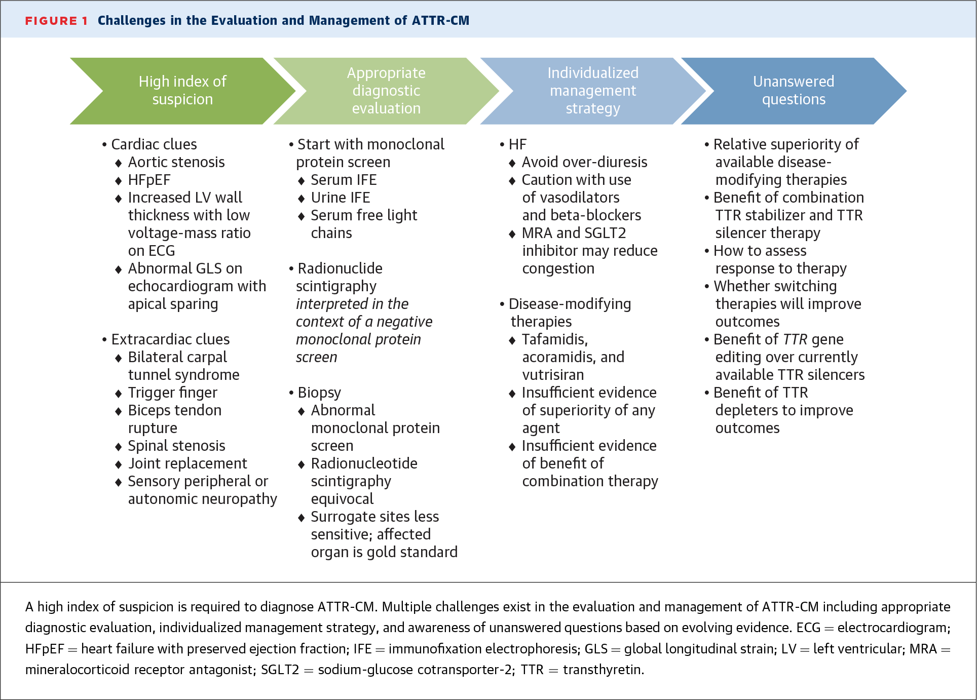 Infographic showing clinical challenges in the evaluation and management of ATTR-CM.