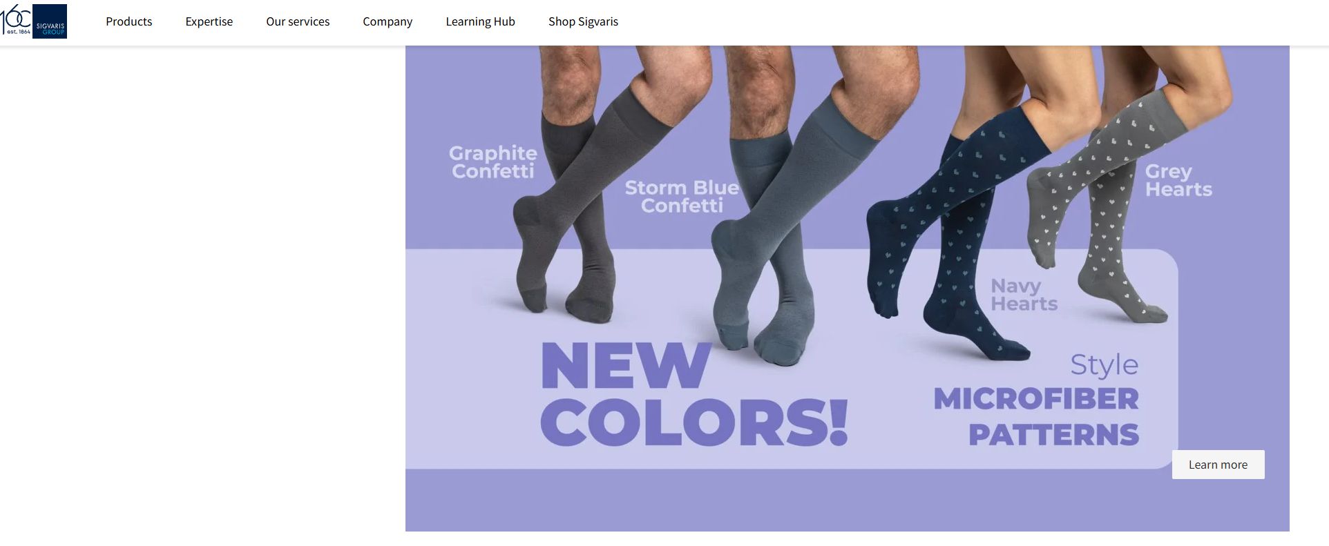 Sigvaris compression socks shown in various confetti-style patterns on legs.