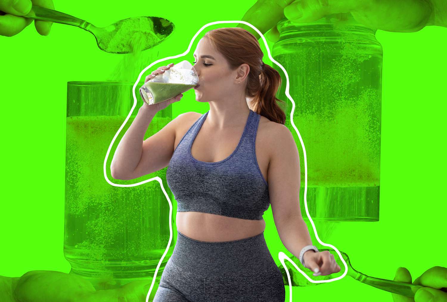 A woman in athletic wear mixing a supplement powder into a green smoothie.