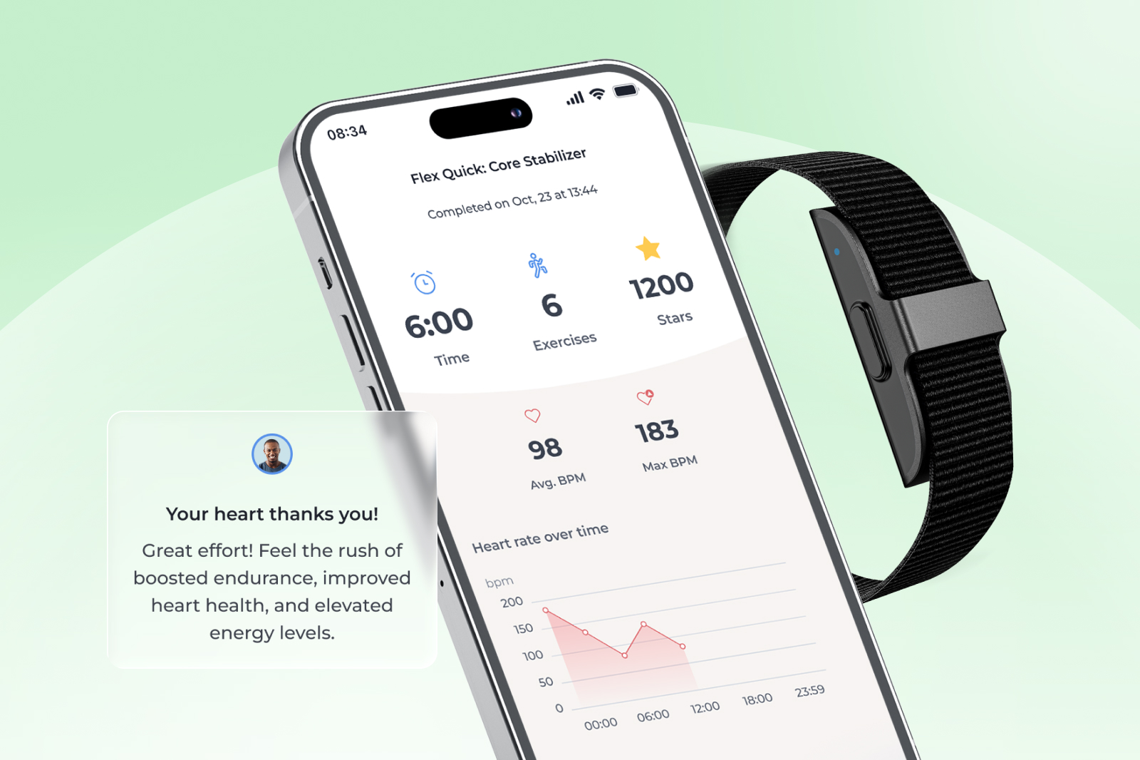 A smartphone app showing fitness stats next to a wearable device.