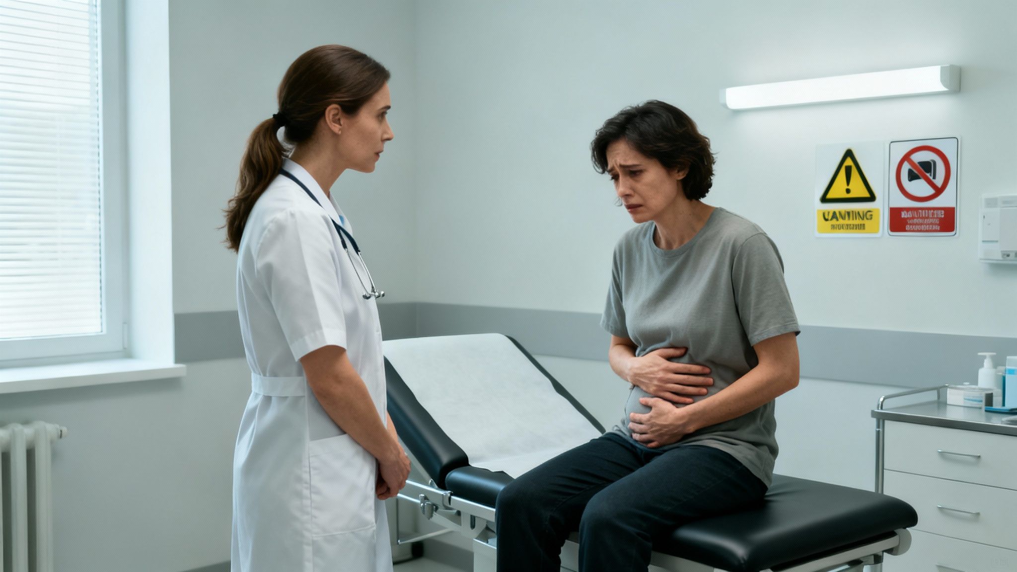 A medical professional consulting with a person who is gesturing toward their stomach in discomfort.