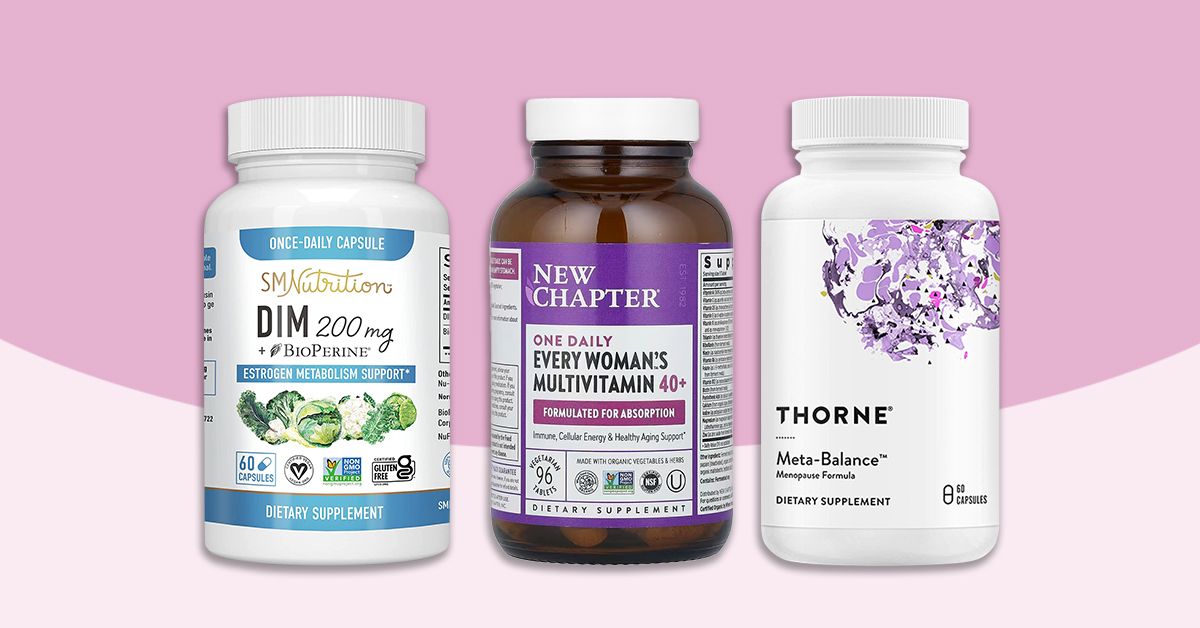 Three supplement bottles including DIM and women's multivitamins on a pink background.