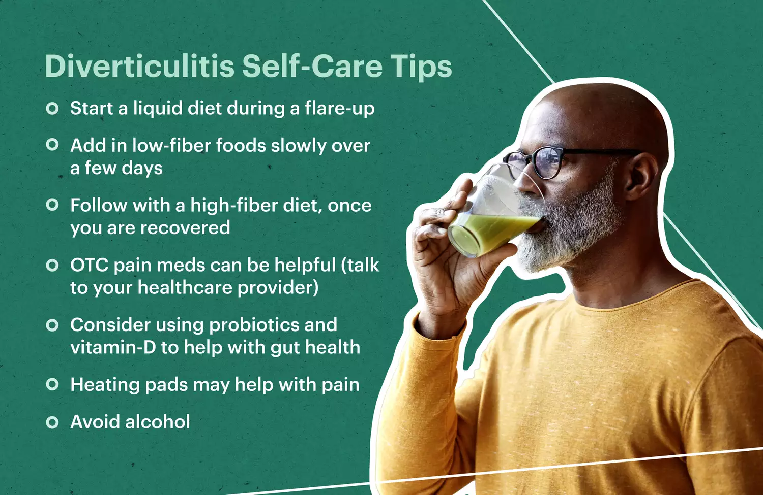 A professional photo composite illustrating various diverticulitis self-care and lifestyle management tips.