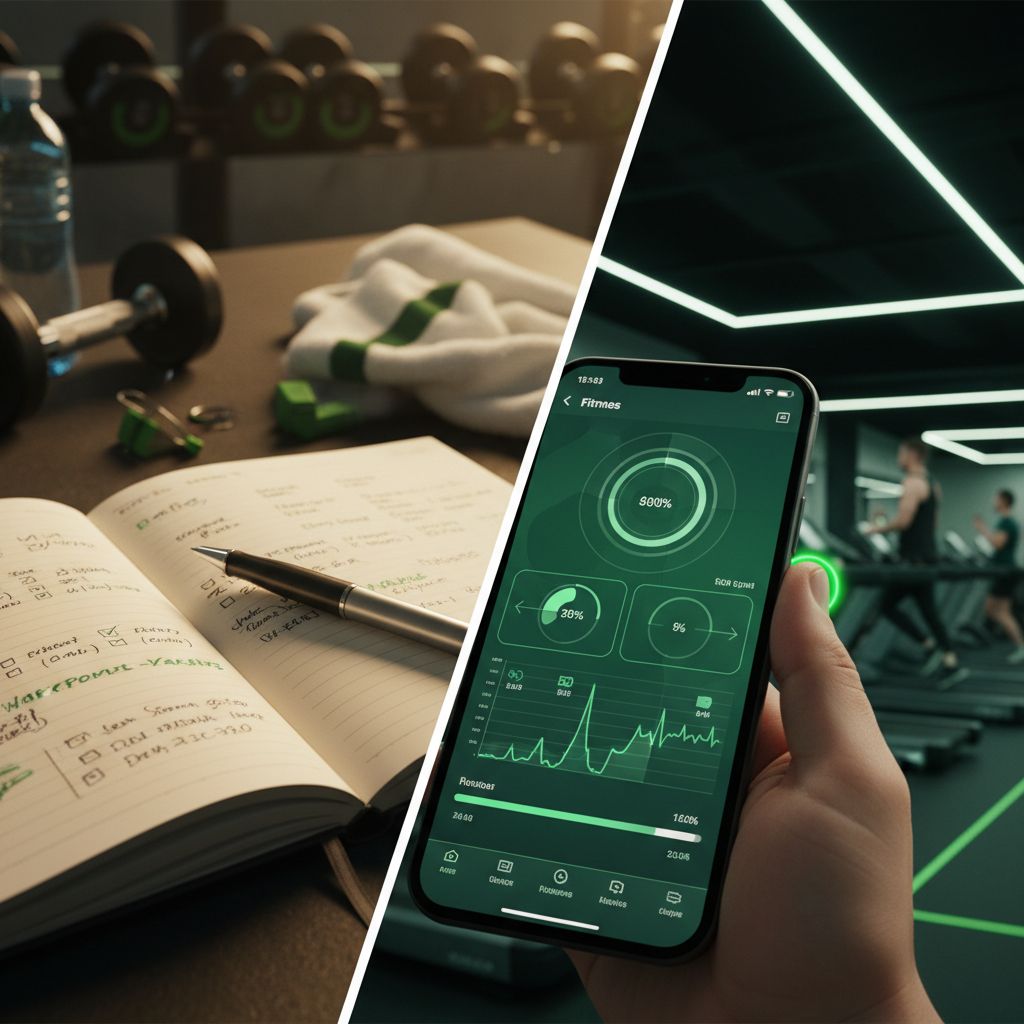 A comparison between a physical notebook and a fitness app for logging workouts.