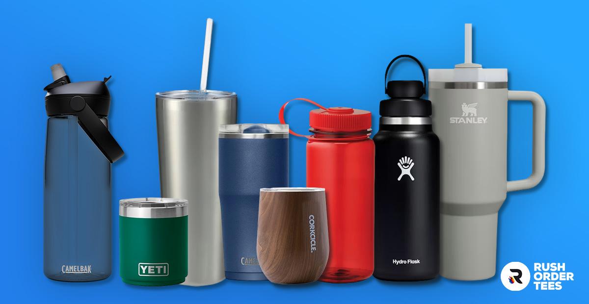 A side-by-side comparison of several insulated tumblers and water bottles in different colors and sizes.
