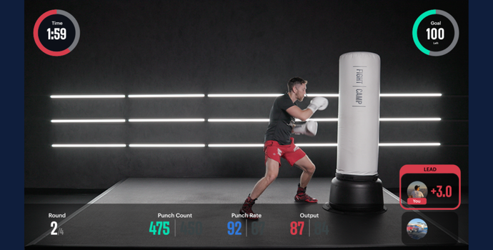 Digital dashboard showing punch volume, velocity, and output metrics on a smartphone.