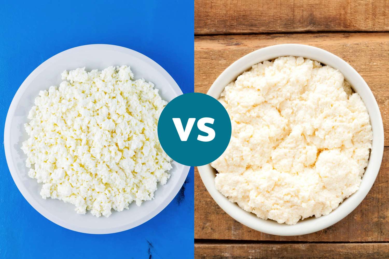 Two white bowls containing ricotta cheese and cottage cheese for comparison.
