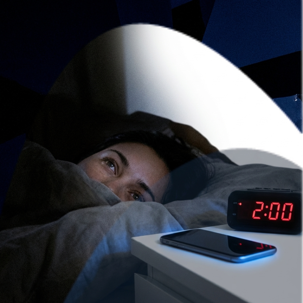 A person lying in a dark bedroom with their face illuminated by the bright blue light of a smartphone.