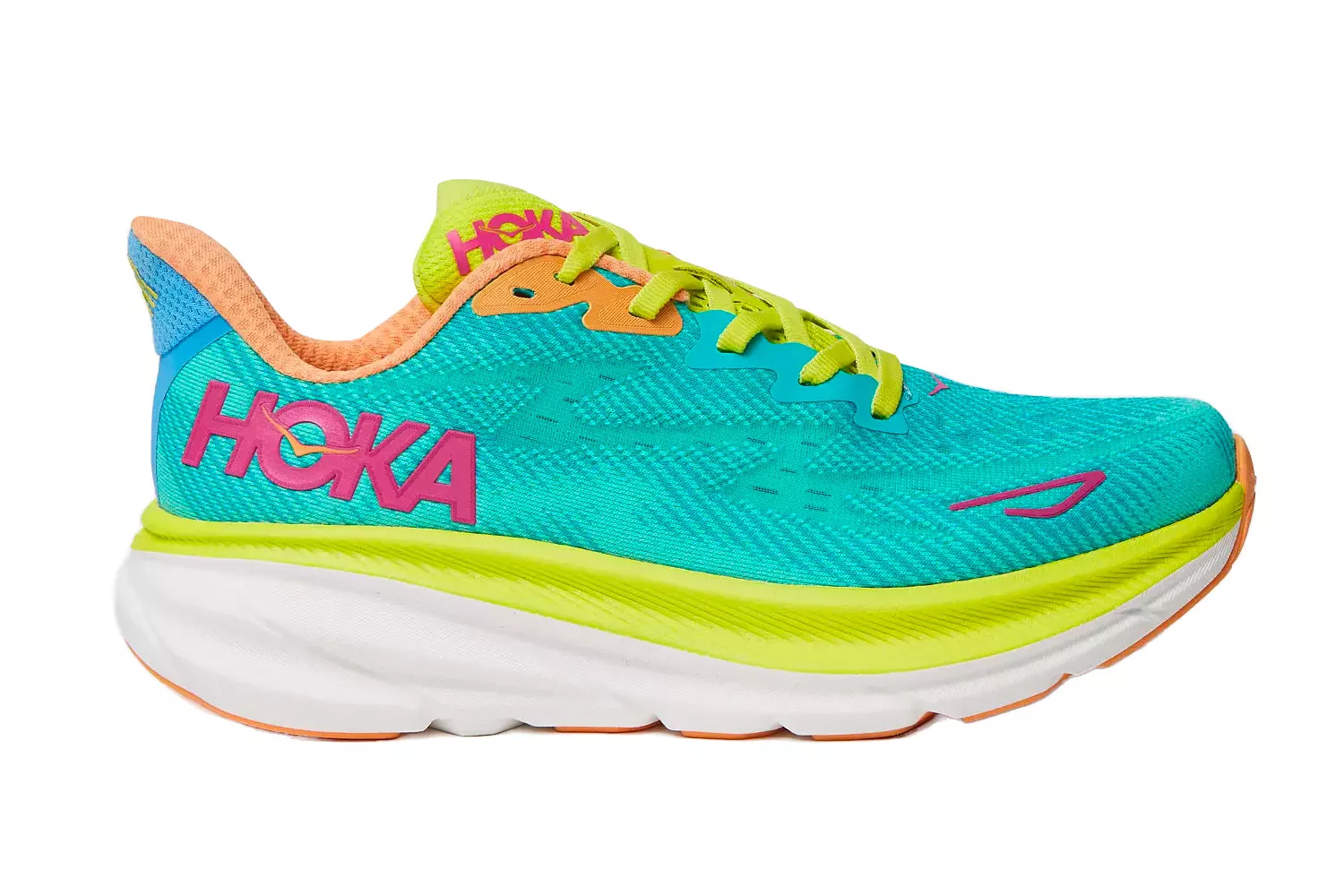 A vibrant Hoka running shoe with a thick neon-accented sole designed for maximum cushioning.