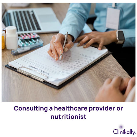 A professional in a white coat reviewing a patient's nutrition plan on a digital tablet.