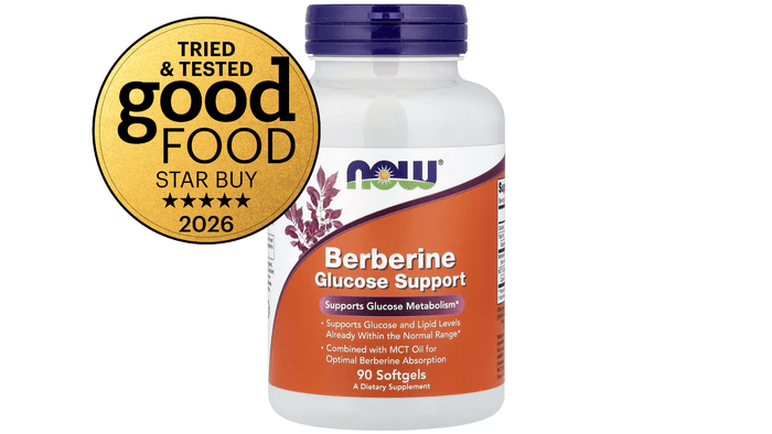 NOW Foods Berberine Glucose Support softgel bottle featuring a quality testing badge.