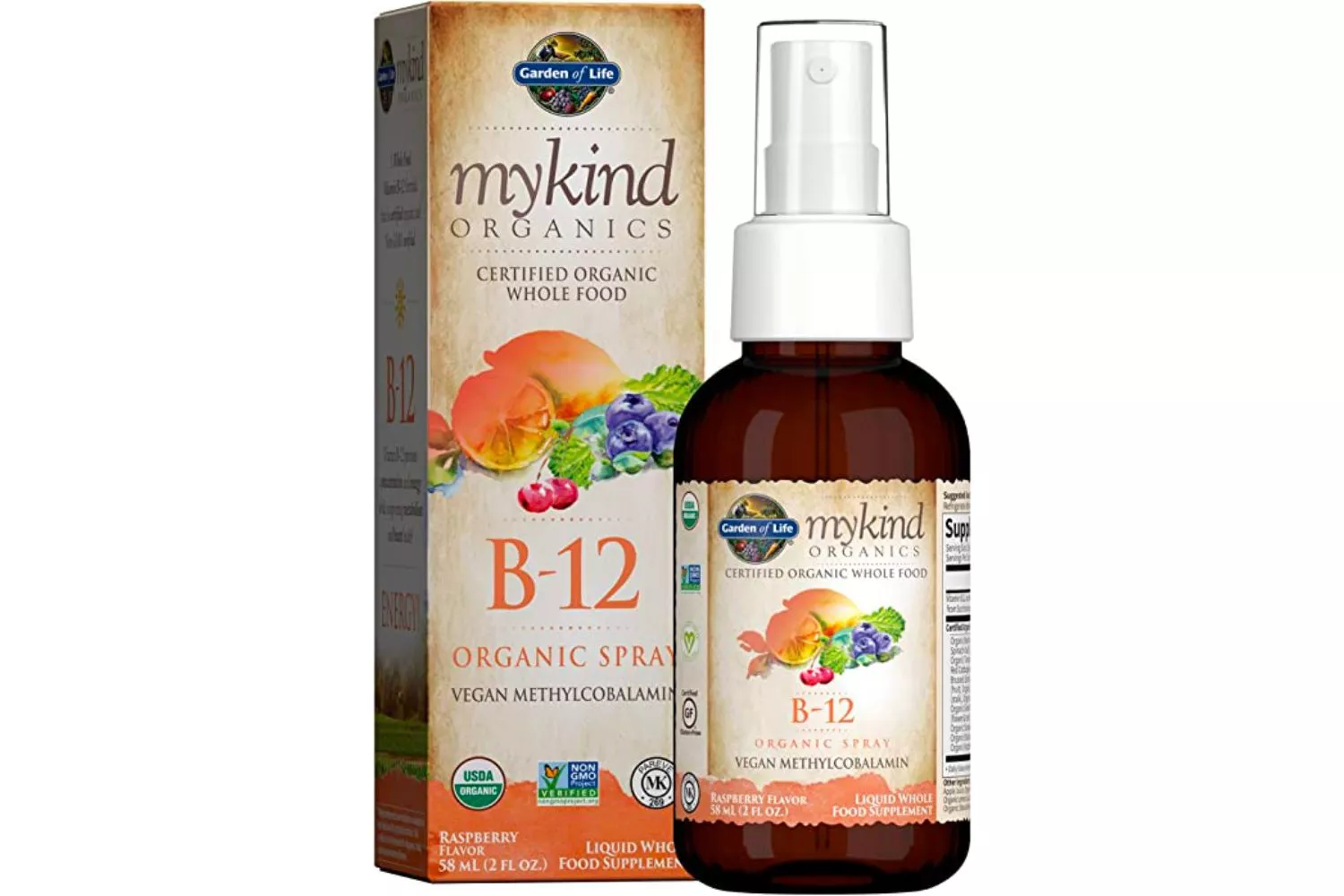 Garden of Life mykind Organics B-12 Organic Spray bottle in raspberry flavor.