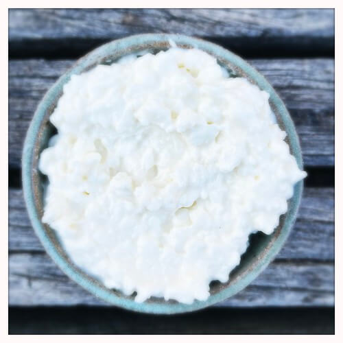 Extreme close-up of fresh cottage cheese curds in a bowl.