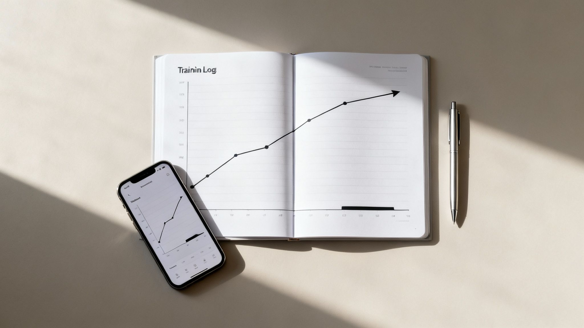 A training log notebook showing an upward trending graph alongside a smartphone tracking app.