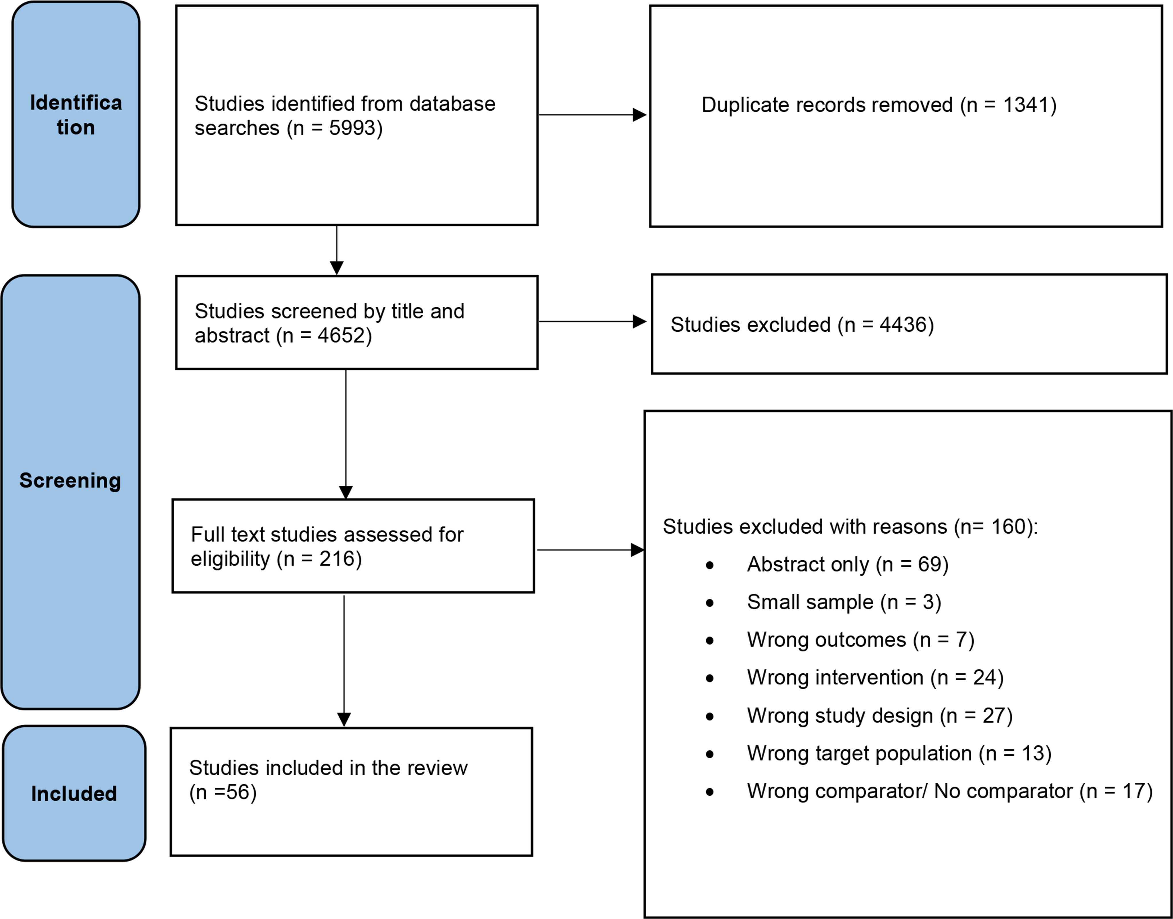 A PRISMA flow diagram showing the systematic identification and screening of research studies.