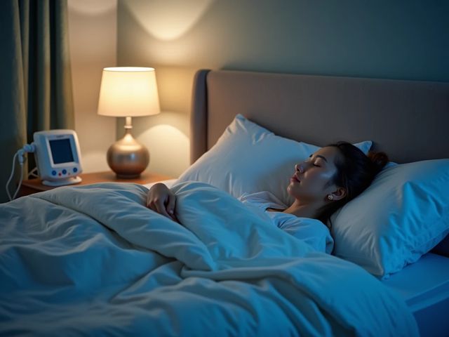 A patient sleeping peacefully in a bedroom with a CPAP machine on the nightstand.