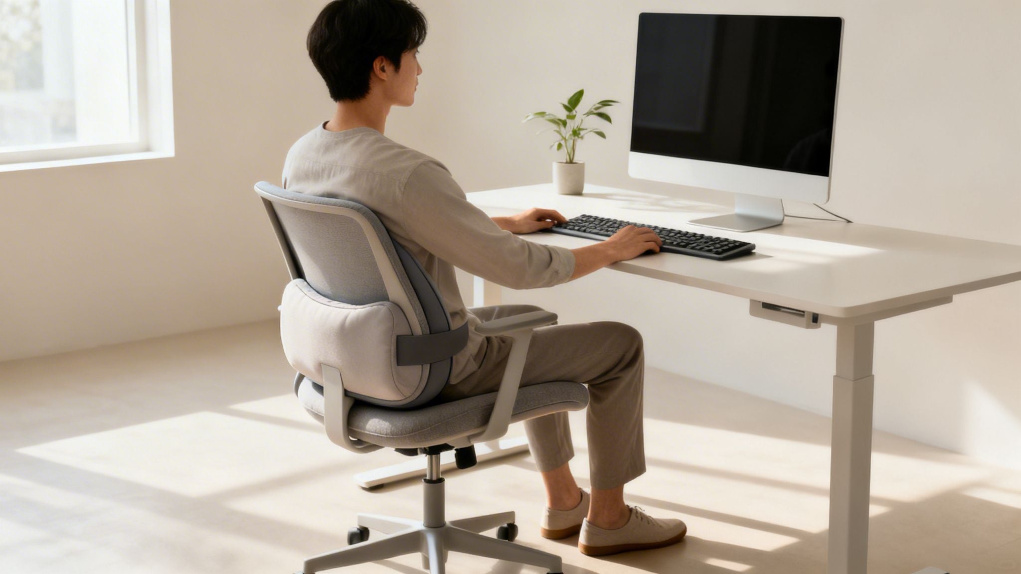 A modern ergonomic office chair with adjustable lumbar support positioned at a clean desk.