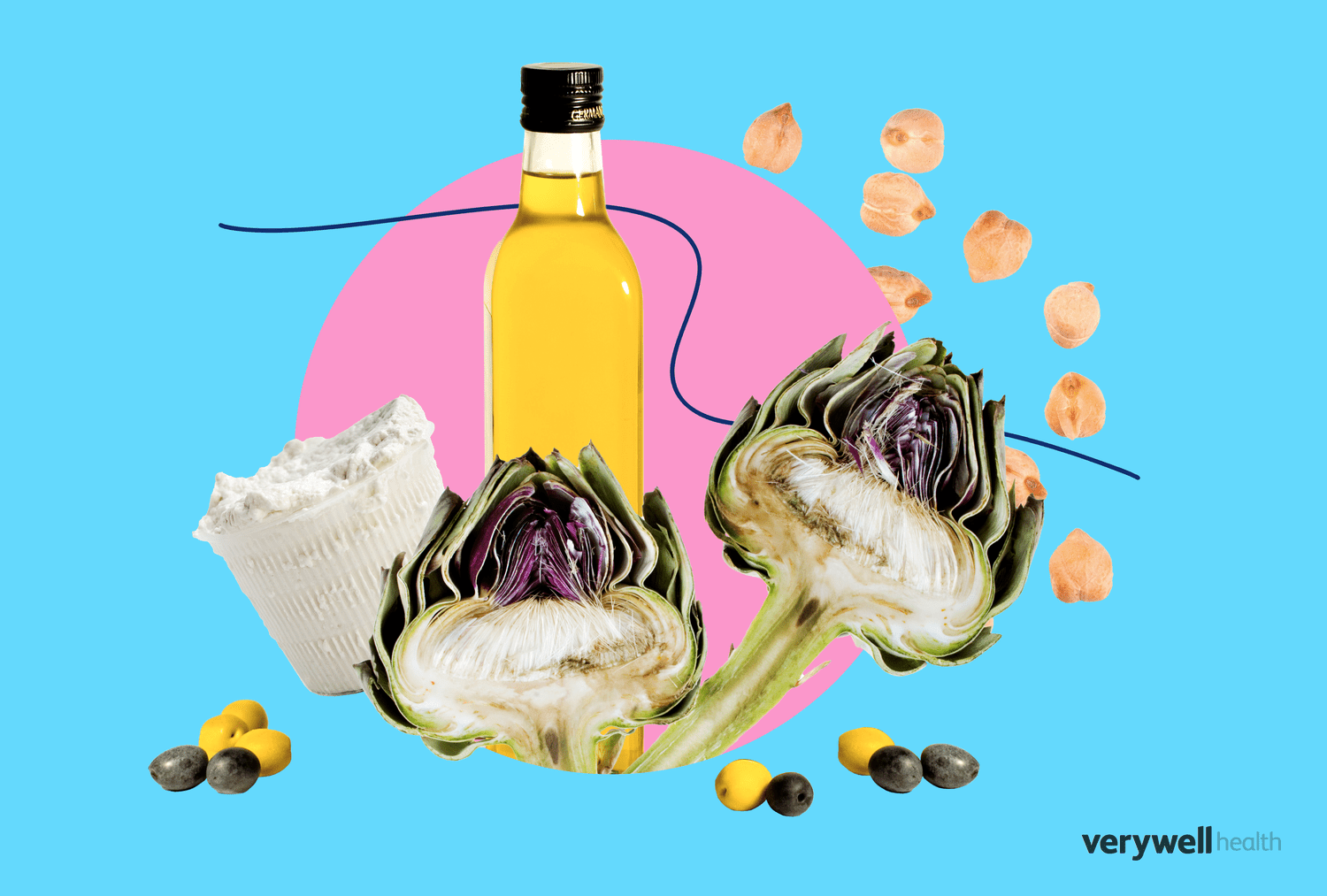 A wide arrangement of Mediterranean diet ingredients including fresh vegetables, grains, and oils.