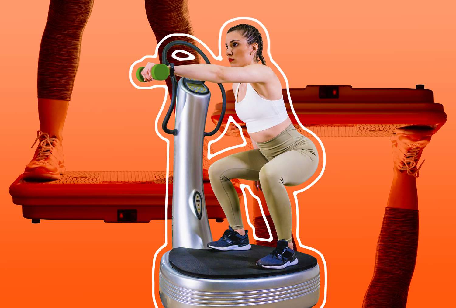 A woman in athletic wear performing a squat with dumbbells on a vibration platform.