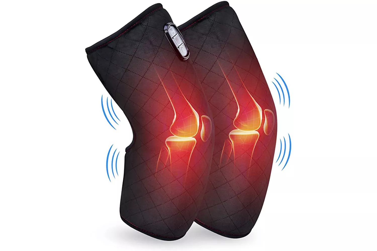 An electric knee massager showing heat application and internal joint structure for therapy.