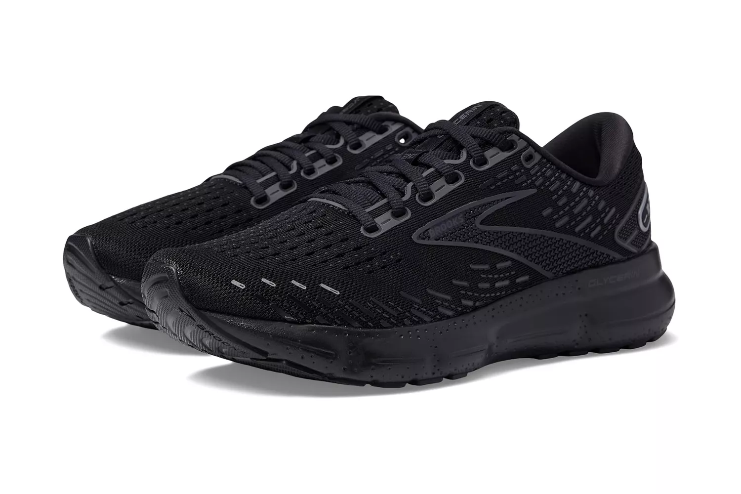 Side profile of a black Brooks Glycerin running shoe featuring a thick cushioned midsole.