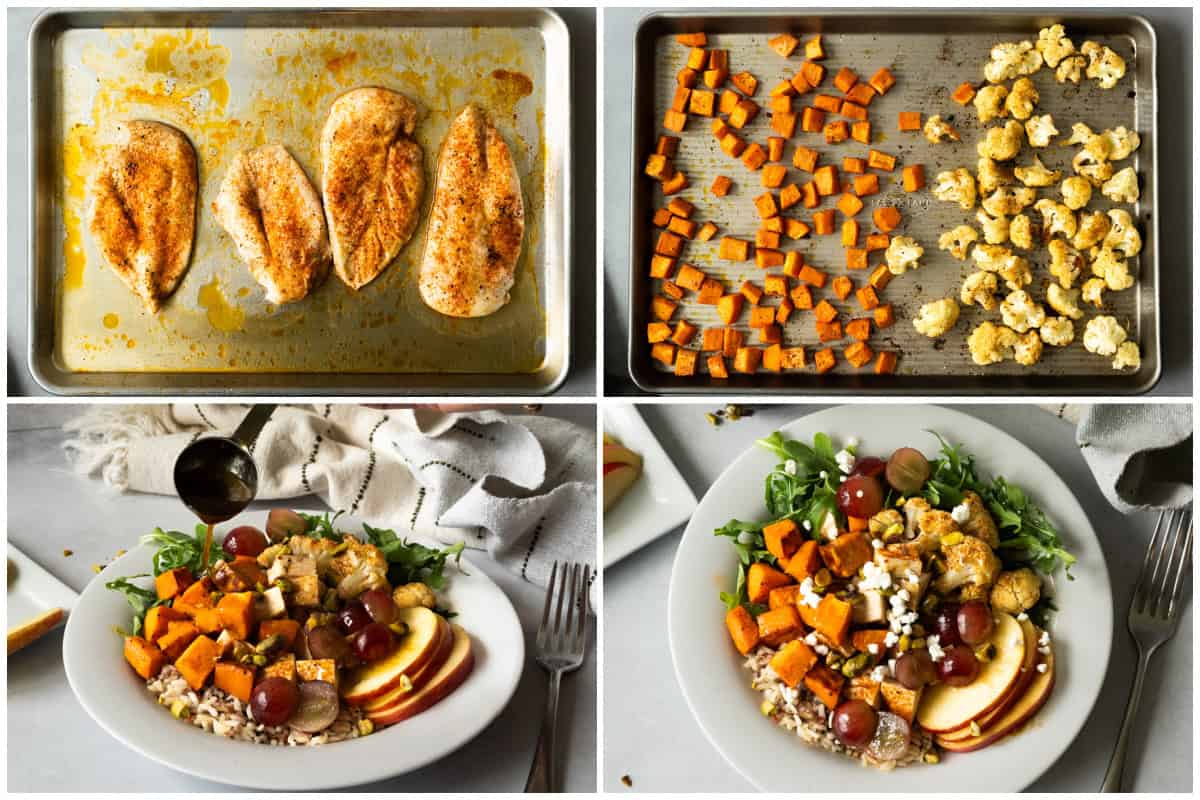 Roasted chicken and vegetables on sheet pans prepared for meal assembly.