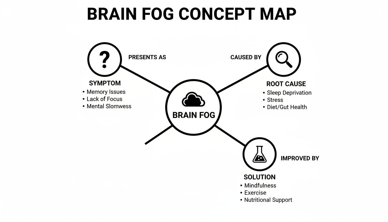 A detailed concept map connecting brain fog symptoms to their potential root causes.