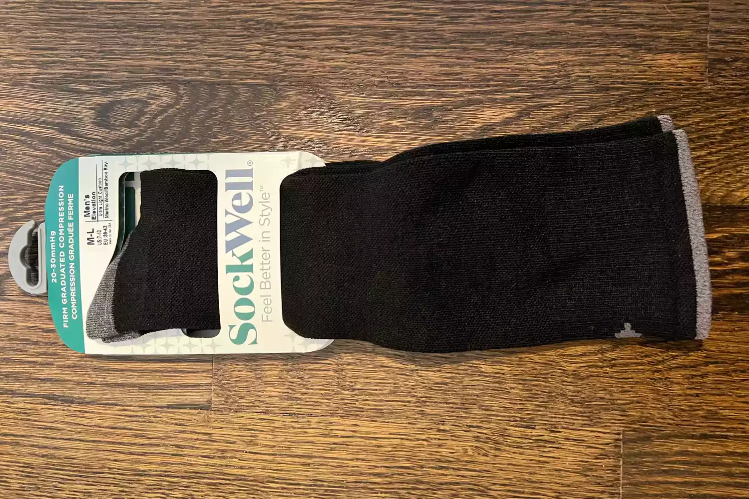 Package of Sockwell Men's Firm Graduated Compression Socks showing 20-30mmHg rating.