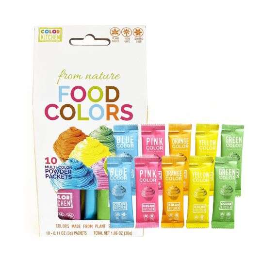 A multi-pack of ColorKitchen plant-based food coloring powders in individual sachets.