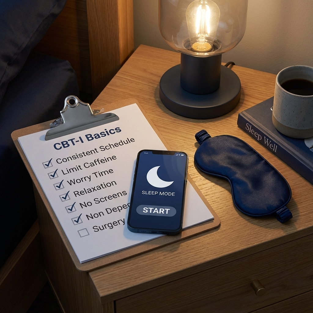 A graphic illustration of a sleep hygiene checklist featuring a moon icon and bullet points.