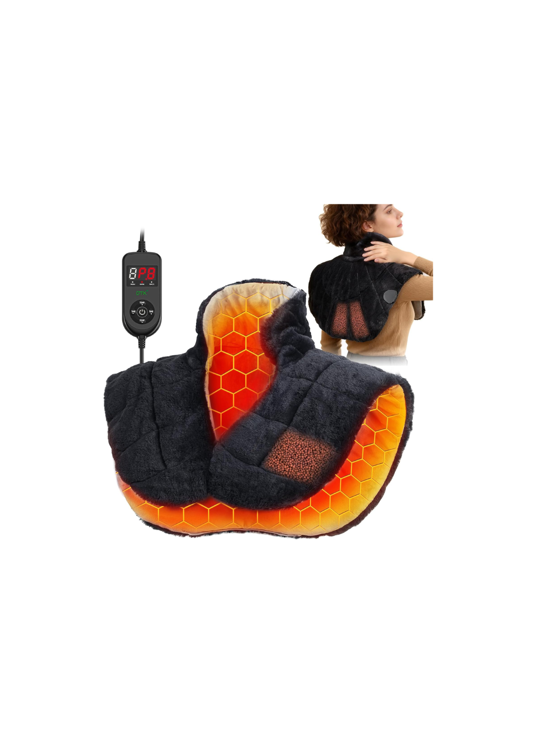 A weighted UTK heating wrap designed specifically to contour around the neck and shoulders.