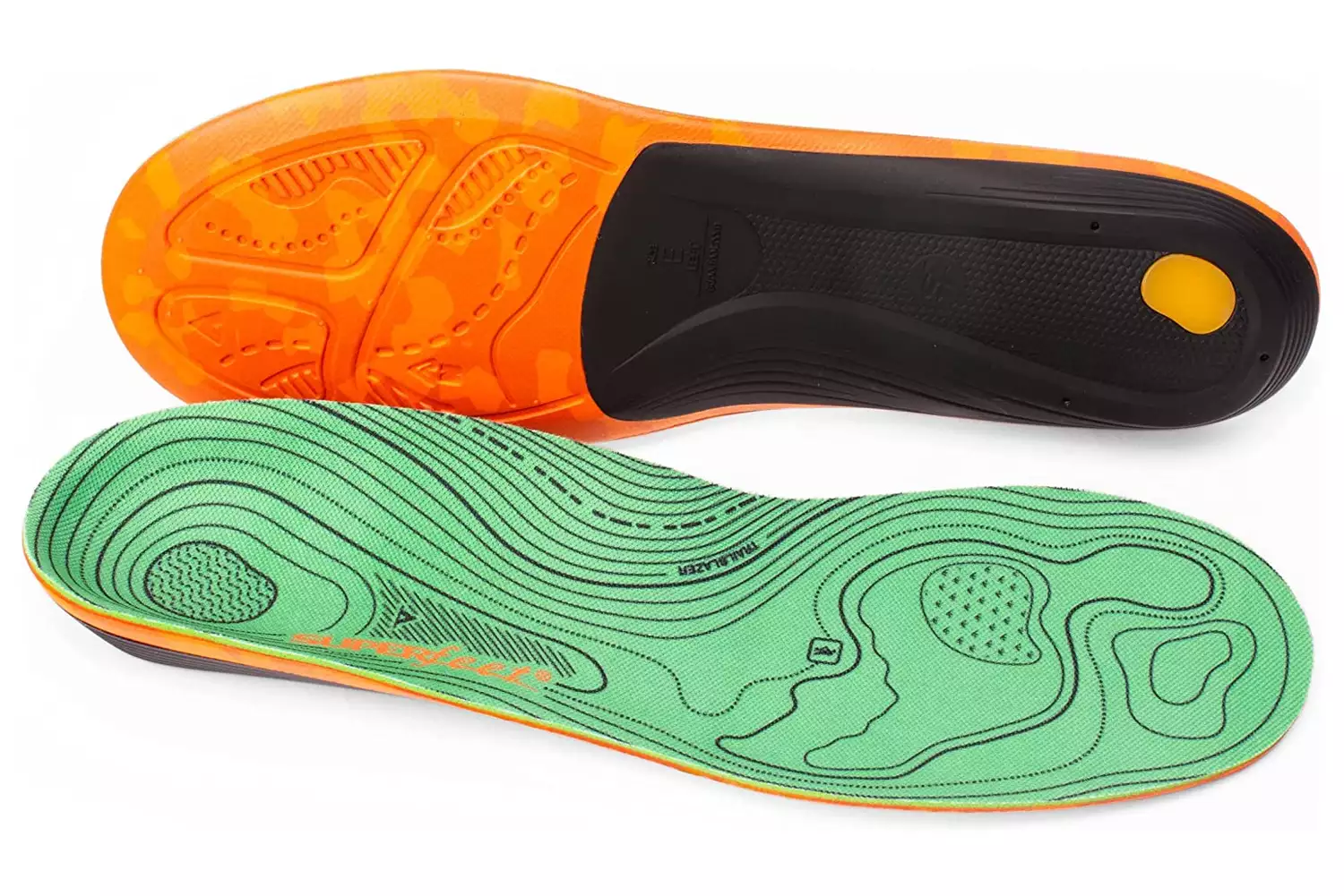 Top and bottom views of Superfeet Trailblazer hiking insoles featuring green and orange supportive structures.