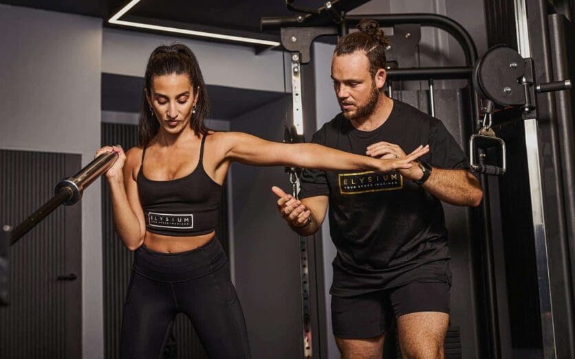 Private micro-gym interior with modern weight training equipment and dark wood accents