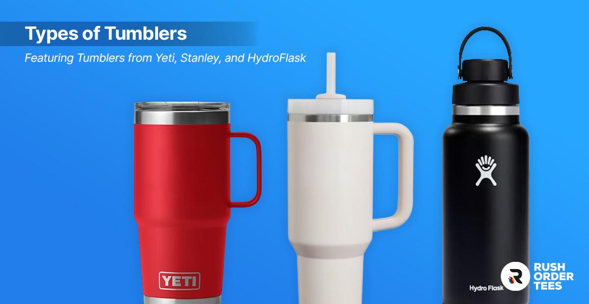 A collection of insulated tumblers showing both straw-lids and handle versions.